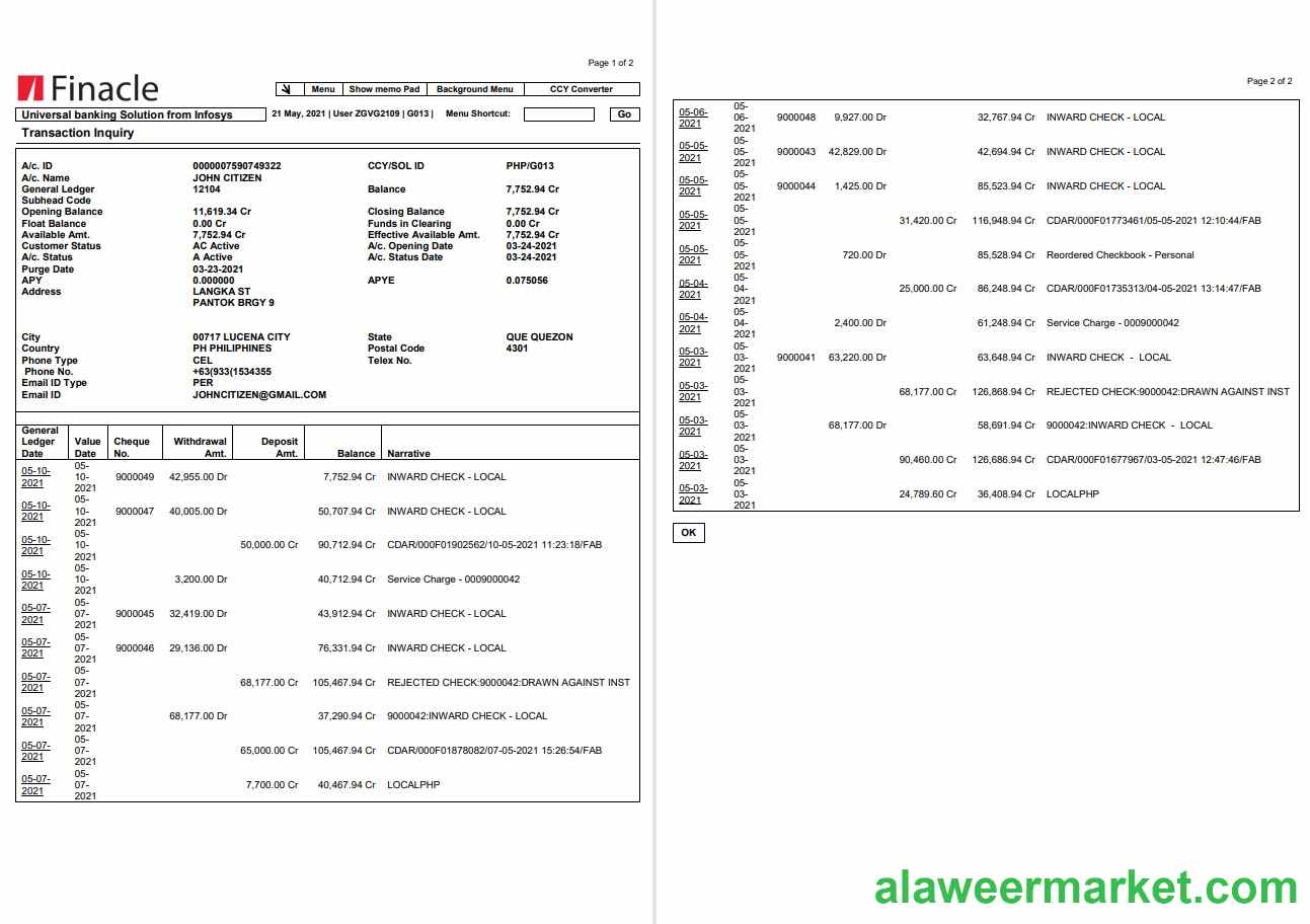 India Finacle bank statement in Word and PDF format (2 pages)